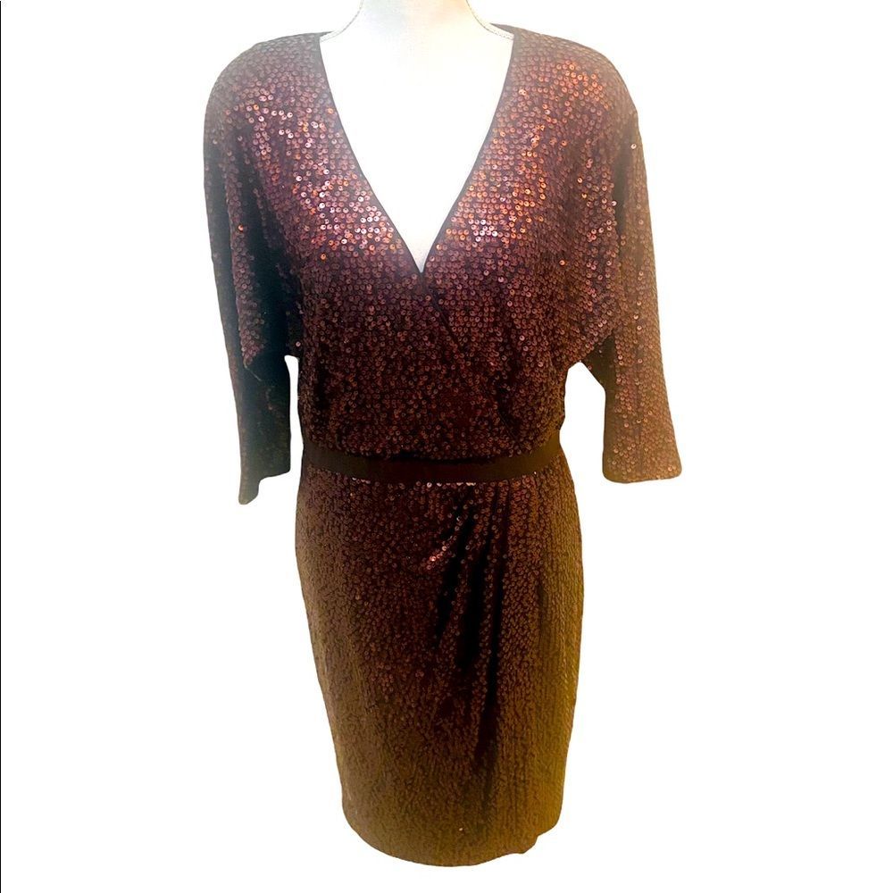 NWT Suzi Chin for Maggie boutique bronze red v neck sequins dress dolman sz 14